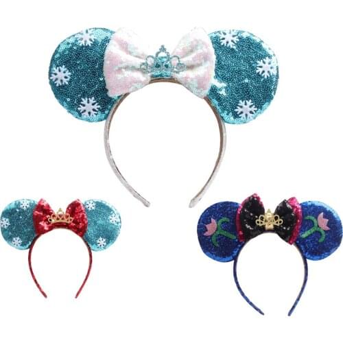 Hair Bows with Crown Minnie Ears Headband Holiday party sequins Mouse Ear Princess Hairband Handmade Hair Accessories Headwear