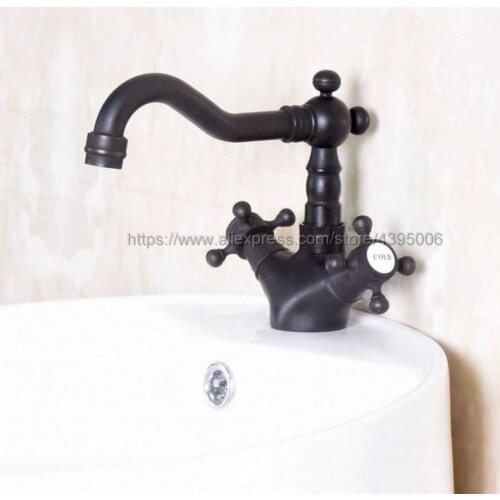 Black Brass Bathoom Kitchen Faucet Swivel Spout Dual Cross Handles Lavatory Sink Mixer Taps Deck Mounted Hot and Cold Tap Bnf143