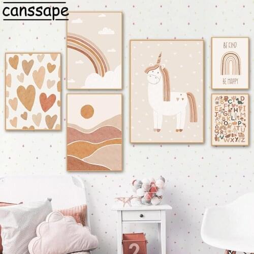 Nursery Wall Art Prints Abstract Painting Alphabet Canvas Poster Sun Rainbow Print Unicorn Posters Nordic Baby Room Boho Decor