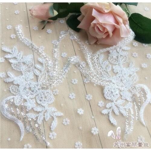 1 Piece 25*14.5cm Sequin Beaded Lace Applique Embroidered Lace Fabric For Wedding Evening Dress Lace Motifs DIY Flower Patches