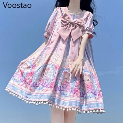 Japanese Sweet Lolita Princess Dress Women Vintage Cute Cartoon Bear Print Party Dress Girls Kawaii Bow Sailor Collar Loli Dress