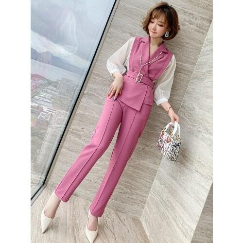 Fashion Splicing Perspective Waistband Business Suit Collar Blouse + Straight Trouser Suit Womens Clothing 2020 Autumn New