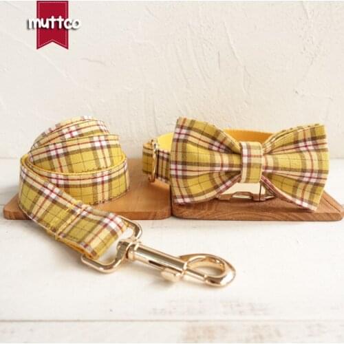 MUTTCO retailing stout durable soft collars handmade dog collars THE LEMON PLAID 5 sizes collar leash set with bow tie UDC057J