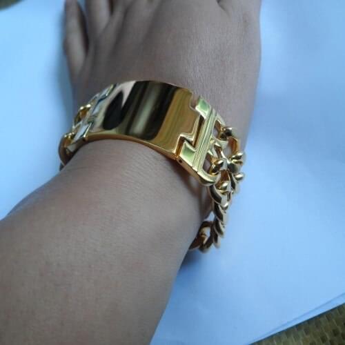 GNAYY Jewelry Fashion 316L Stainless steel Gold Double curb Link chain bracelet bangle Jewelry 23mm 22cm (8.66 inch) Mens