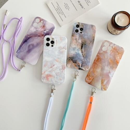 Strap Cord Chain Phone Case Marble Texture For iPhone 12 Pro Max Mini 11 Pro Max X XR XS Max 7 8 Plus SE2020 Soft IMD Back Cover
