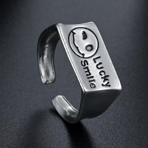 Punk Style Lucky Smile Face Adjustable Rings For Female Woman Tibetan Silver Color Student Ornaments Fashion Jewelry Accessorie
