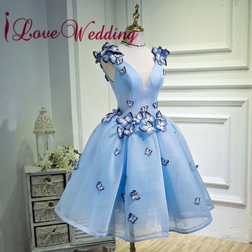 ILoveWedding Sexy V Neck Blue Butterflies Applique A Line Short Cocktail Party Dresses Real Sample