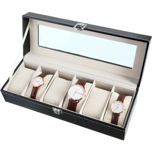 6 Grids PU Leather Watch Showcase Watches Holder Organizer With Glass Window Quartz Watches Jewelry Display Boxes