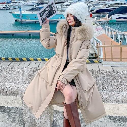 Women 2021 Winter New Long Loose Warm Down Jackets Female Real Fox Fur Collar Outwear Ladies White Duck Down Hooded Coats E538