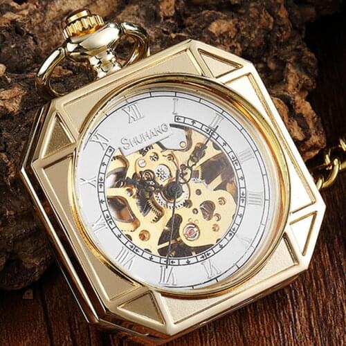 Luxury Gold Mechanical Pocket Watch Vintage Skeleton Golden Male Clock Hand Wind Square Necklace Watch Chain For Men Women Gift