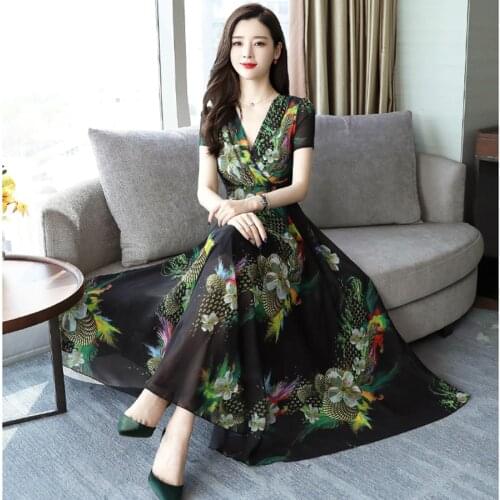 2021 Vintage Print Chiffon Beach Midi Dress Spring Summer 3XL Plus Size Runway Maxi Dresses Elegant Women Bodycon Party Vestidos