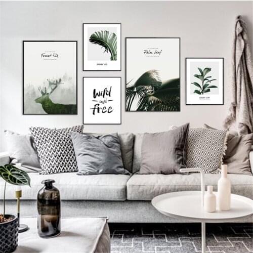 Scandinavian Green Deer Silhouette Canvas Painting Motto Text Poster and Print Nature Decoration Succulent Plants Wall Pictures