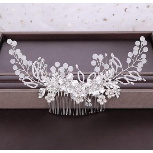 Wedding Pearl Hair Comb Tiara Silver Color Flower Bridal Head Ornaments Hair Comb Wedding Hair Accessories Handmade Headpiece