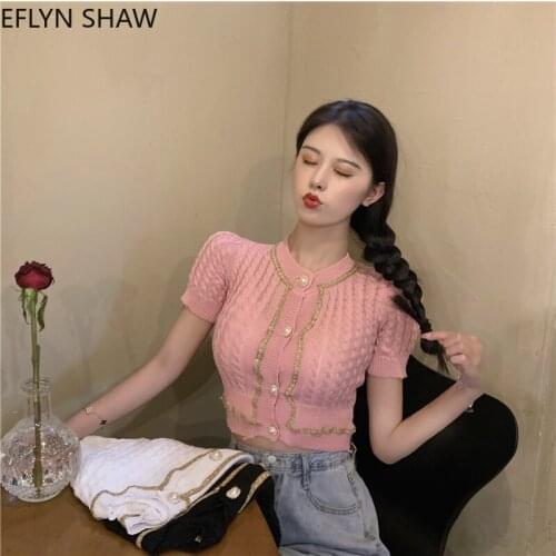 Vintage Sweater Women Beaded Bright Silk Slim Knitted Top 2021 Spring Autumn Ice Silk Thin Short-sleeved Cardigan Sweet Pink