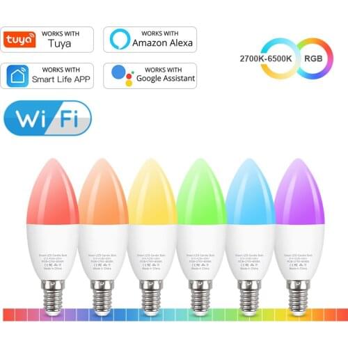 Tuya Smart Wifi LED Bulb E14 RGB CW Dimmable LED Lamp Voice Control Magic Bulb 5W Candle Work With Alexa Google Home Assistant