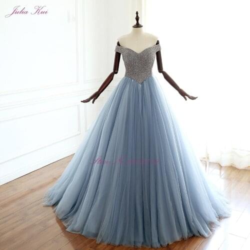 Julia Kui A-Line Evening Dress With Lace Up Closure Off The Shoulder Formal Dresses With Full Bust Beading Vestido De Festa