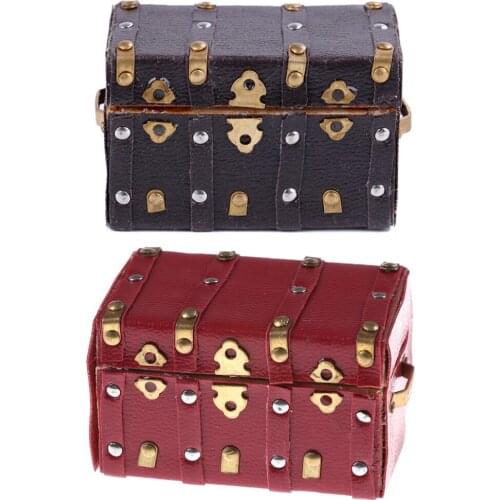 Vintage Treasure Chest Wood Case with Leather and Golden Holder Furniture Toys Accessories 1:12 Dollhouse Miniature