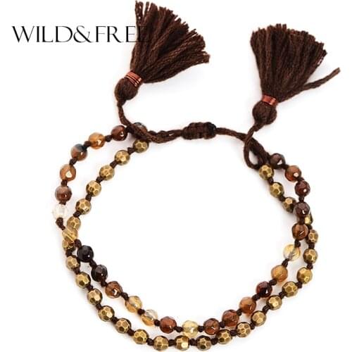 Wild&Free Brown Fashion Charms Bracelets Lace-up 2 Layers Natural Stone Bracelet&Bangles Vintage Boho Accessory Jewelry Gift