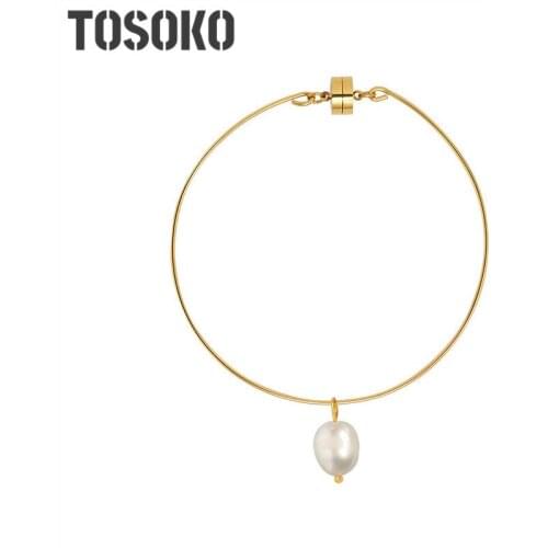 TOSOKO Stainless Steel Jewelry Plain Circle Magnet Freshwater Pearl Bracelet Simple Womens Bracelet BSZ208