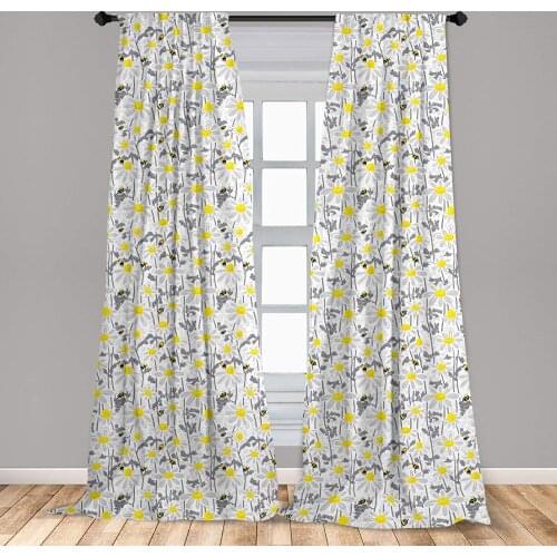 Yellow Window Curtain with Bees and Chamomile Daisy Flowers in Flourishing Meadow Nature Window Drapes with Rod Pocket