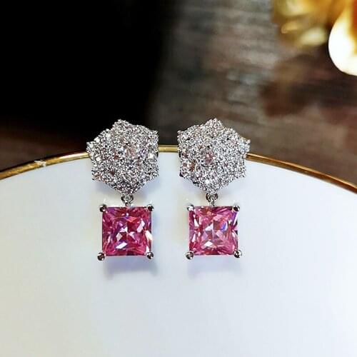 Flower Shaped Pink / White Shiny Zirconia Women Fashion Earrings Party Prom Friends Gifts Popular Jewelry