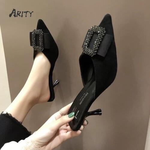 Autumn 2021 Baotou Half Drag Shoes Women Stiletto Heels Korean All-match Pumps Square Rhinestone Pointed High Heels Mules Shoes