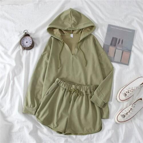 Loose Hooded Thin Sweatshirt + Elastic Waist Wide Leg Short Two Piece Set Womens Casual Set 2020