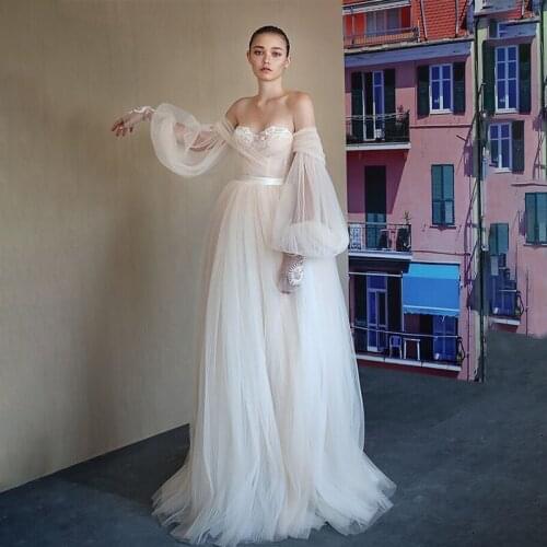 Hot Sale 2021 Thinyfull Beach Wedding Dresses with Long Puffy Sleeves Off The Shoulder White Lace Appliques Boho Bride Gowns