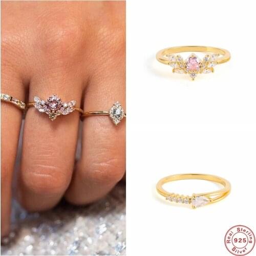Aide 925 Sterling Silver Dainty Colored Pink Zircon Flower Rings For Women Chic Crystal Pave Slim Ring Party Fine Jewelry Gift