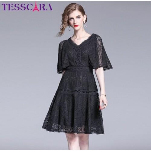 TESSCARA Women Summer Luxury Lace Dress Festa Female High Quality Party Robe Femme V-Neck Designer Elegant Black Vestidos