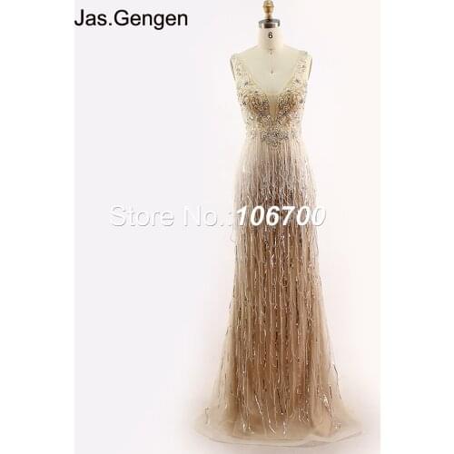 New Heavy Crystal Stone Beaded Evening Dress V Neck Beading Tassel Prom Gown Long gowns for women Plus Size Available 2018 1162