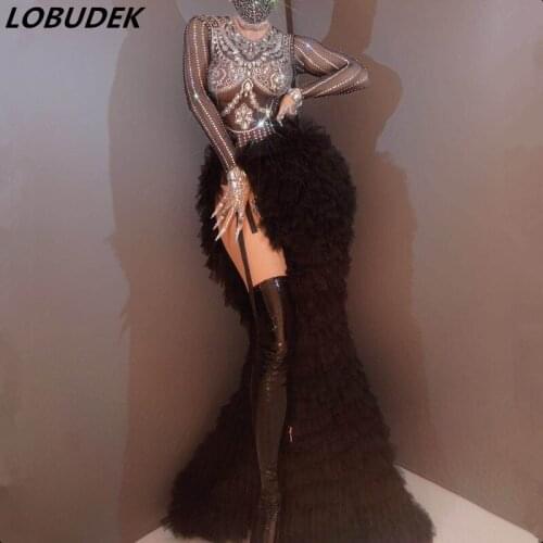 Sexy Transparent Rhinestones Bodysuit Black Veil Long Tailing Skirt 2-Pieces Set Women Singer Dancer Performance Stage Costume