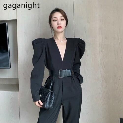 Gaganight Vintage Solid Women Jumpsuit Sexy Deep V Neck Playsuit Elegant Office Lady Bodysuit Fashion with Belt Korean Plus Size