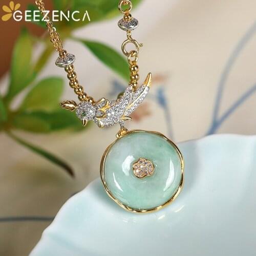 GEEZENCA 925 Sterling Silver Gold Plated Jade Bird Pendant Necklace For Women Vintage Chinese Style Safety Button Lucky Necklace