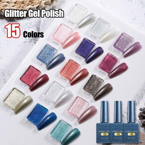 Vendeeni 15 Colors Glitter Gel Nail Polish Sparkling Shiny Nail Art Gel Varnish Salon Manicure UV LED Soak Off Gel Lacquer 15ml