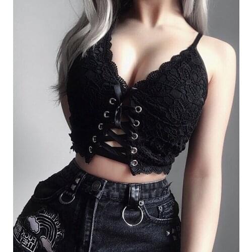 Goth Sexy Lace Black Corset Top Vintage Elegant Bodycon Camisole Summer Women Tops Lace-up Slim Camisole Streetwear Outfit Tops