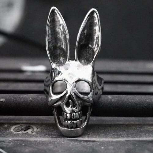 Personality Gothic Punk Evil Bunny Rabbit Skull Ring For Men Hiphop Men 316L Stainless Steel Ring Retro Rock Biker Jewelry Gift
