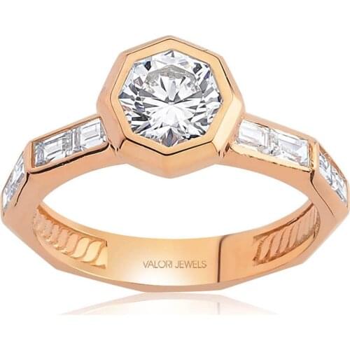 Valori Jewels 0.80 Carat, Zirconia White Octagon Sun Gemstone, Rose Gold Plated, Sterling Silver Solitaire Ring