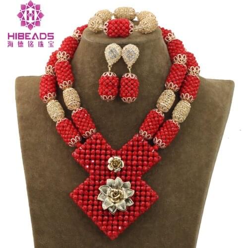 Red Beaded African Wedding Jewelry Set Red with Gold Accessories African Beads Bridal Wedding Jewelry Necklace Set WE071