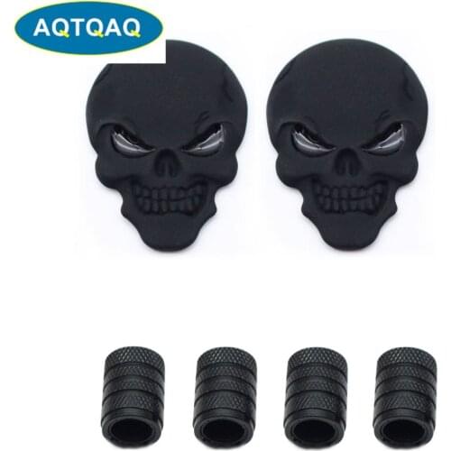 AQTQAQ 3D Metal Skull Head Car Badge Emblem Sticker +4Pcs Knurled Style With Plastic Core Valve Caps for Universal Car Styling D