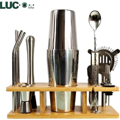 Boston Cocktail Shaker Set Jigger Mixing Spoon Tong Barware Bartender Tools w/Wood Storage Stand Bars Mixed Drinks