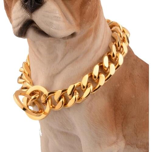 Tiasri 14/18mm Curb Strong Stainless Steel Dog Leash Pet Collar Gold Color Training Dog Chain Small Medium Large Dogs Accessory
