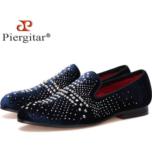 Piergitar 2017 new style Handmade men velvet shoes with luxurious Rhinestone and Rivet Prom and Banquet mens slipper Loafers