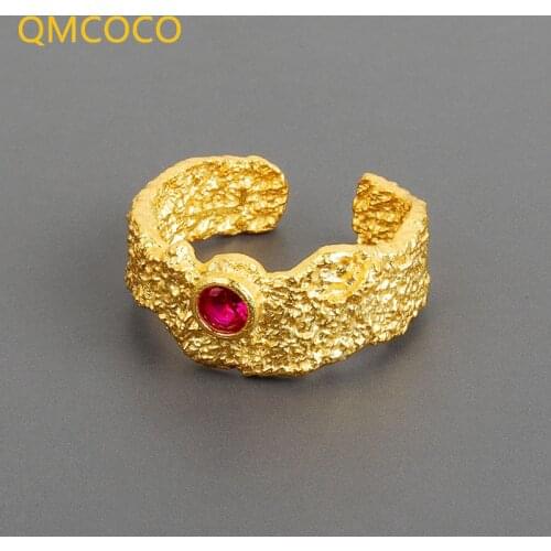 QMCOCO Simple 925 Silver Rings For Women Fashion Creative Matte Red Zircon Irregular Geometric Party Jewelry Gifts