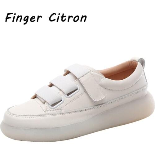 Finger Citron Genuine Cow Leather Women Casual Shoes Round Toe With Wide Elastic Belt Gum-Rubber Outsole Lady Style Size 35-42