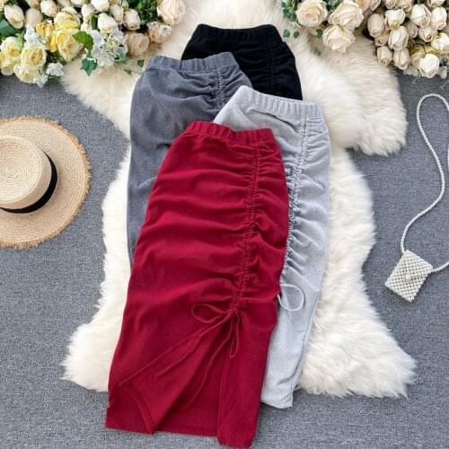 Womens spring autumn new fashion folded high-waisted split skirt female slim sexy pencil skirt TB1162