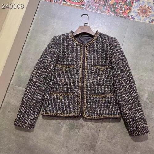 Runway 2021 Autumn Winter Luxury O-Neck Tweed Small Fragrance Coat Long Sleeves Women Jacket Female