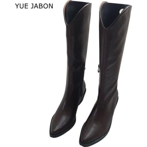 Women Leather Knee High Boots Pointy Toe Chunky Heel Long Boots Lady Winter Heeled Shoes 2020 Autumn Ankle Boots Booties Female