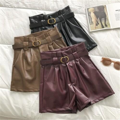 2021 Autumn Winter Women PU Shorts Casual High Waist Leather Shorts Ladies All Match A Line Wide leg Shorts Outwears With Belt