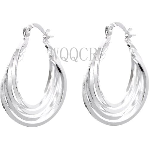 Fashionable 925 Sterling Silver Color Twisted Four Rings Connected Round Ear Hoop Earrings Carved Flower Pendant Earrings Lady